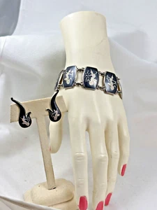 Set Bracelet Earrings Sterling Silver Niello Ware Dancers 925 Jewelry - Picture 1 of 12