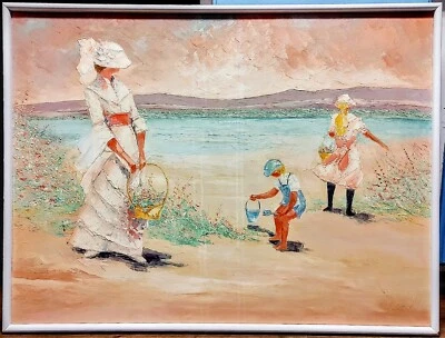 Pintura de paisaje People By the Beach con marco blanco inusual 30 X 41 única Foto 1 de 4