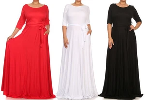 Solid Jersey Fit Flare Belted Maxi Dress Side Pocket Full Sweep Long Skirt - Picture 1 of 27