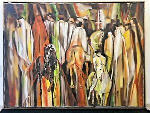 🔥 Antique Mid Century Modern Abstract Cubist Oil Painting, 1966 - “The Riders”