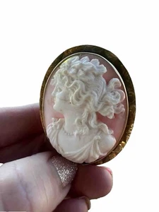 Yellow Gold Cameo Brooch Pin Left Facing Pink - Picture 1 of 10