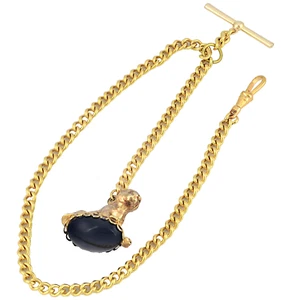 Vintage Yellow Gold Watch Chain & Large Fob Set - New Old Stock - Curb Link - - Foto 1 di 10
