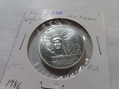 A25 Франция 1986 Серебряный PIEFORT 100 франков Статуя Свободы BU - Изображение 1 из 2