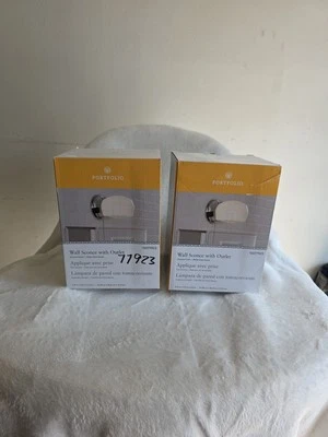 2x Portfolio Wall Sconce W/ Outlet Chrome Finish White Glass Shade NEW #0077923 - Image 1 of 4