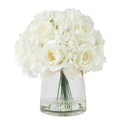 Floral Centerpiece in Glass Vase Hydrangea and Rose Flowers 11 x 10 Inches - Image 1 of 3