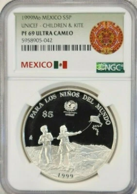 1999 MEXICO SILVER 5 PESOS CHILDREN & KITE NGC PF 69 ULTRA CAMEO PQ RARE TOP POP - Image 1 of 4