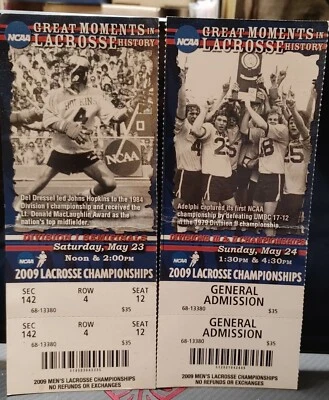 DOS ENTRADAS FINALES CAMPEONATOS DE LACROSSE MASCULINOS NCAA 2009 23 y 24 de mayo nunca usadas Foto 1 de 2