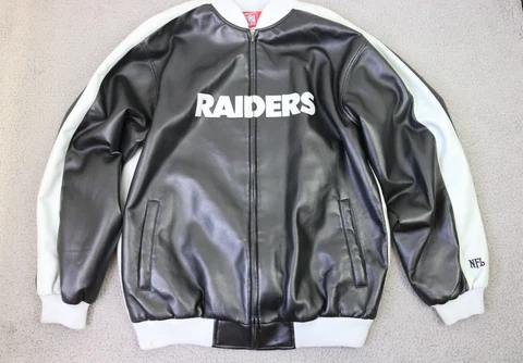 OAKLAND RAIDERS NFL Vintage Polyvinyl Faux Leather Jacket Men's Black Gray Cover