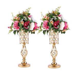 20in Metal Crystal Wedding Centerpiece Vases for Tables Set of 2, Gold Trumpe...
