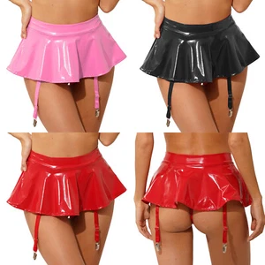 Women's High Waist PU Leather Pleated Mini Skater Skirt Garter Belt with Clips - Picture 1 of 43