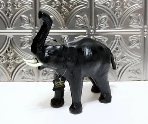 Vintage Black Leather Elephant Statue Figurine With Trunk Up 10.5" Tall India - Picture 1 of 4