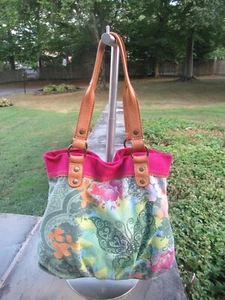 NWOT Lucky Boho Lge Cotton/Suede/Leather Multi Color Printed Double Handled Bag - Picture 1 of 12