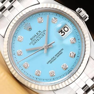 ROLEX MENS DATEJUST AQUA BLUE DIAMOND DIAL 18K GOLD STEEL WATCH w/ JUBILEE BAND - Picture 1 of 8