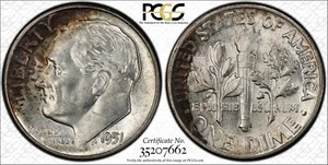 1951 Roosevelt Dime PCGS Classificato MS65 Toned - Foto 1 di 1