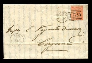 GB QV 1868 SCOTLAND 4d SG94 Plate 9 DF...GLASGOW PSI DUPLEX to COGNAC - Picture 1 of 1