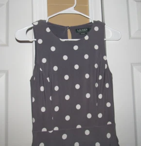 RALPH LAUREN Women's Sz 0 Gray White Polka Dot Dress Midi Belt Polyester Spandex - Picture 1 of 5