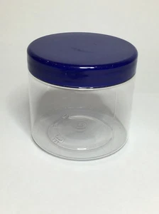 Leere 250 ml klare Kunststoffgläser mit blauem Kunststoff Schraubdeckel. Qualitätsglas & Deckel - Bild 1 von 10