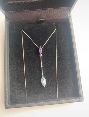 Stunning 9ct Aquamarine, Amethyst And Diamond Necklace White Gold. - Image 1 of 3