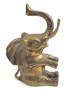 Vintage 8" Brass Elephant Statue Bookend Sitting with Trunk Up Brings Good Luck - Picture 1 of 7