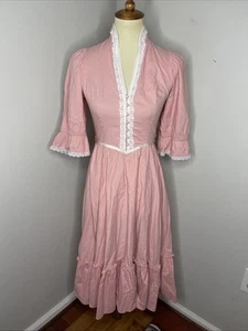 Vtg 70s Gunne Sax Jessica McClintock Lace Pearl Pink Puff Sleeve Maxi Dress S - Picture 1 of 9