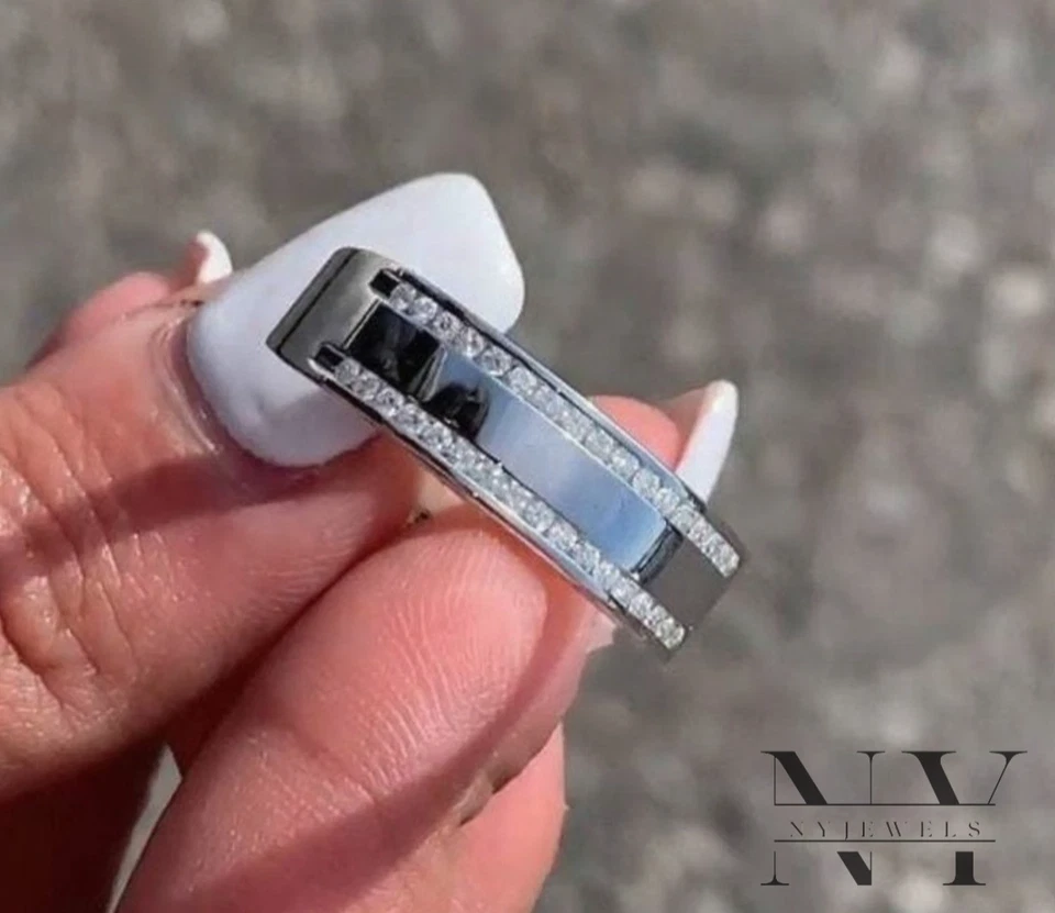 Moissanite Men's Wedding Band Solid 14K White Gold 0.60 Carat Round Cut VVS1 - Image 1 of 4