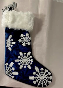 Envogue Christmas Stocking White Fur Fleece Top w Navy Blue Body& Snowflakes NWT - Picture 1 of 7