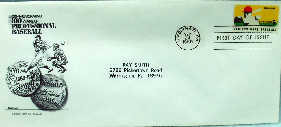 1969 Professional Baseball 100th Anniversary 1st Day Cover - Image 1 of 1