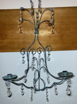 Aqua Blue Metal TEARDROP CRYSTALS CHANDELIER CANDELABRA Wall CANDLE HOLDER 20" - Image 1 of 4