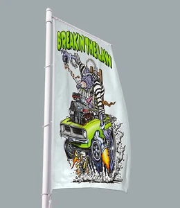 BREAKIN THE LAW Rat Fink Chevy Muscle Car Flag Banner 3x5 FT Hot Rod Garage - Picture 1 of 6