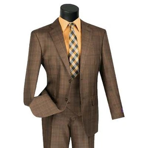 VINCI Men's Brown Sharkskin Glen Plaid 3pc Classic-Fit Suit - NEW - Picture 1 of 3
