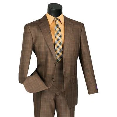 VINCI Men's Brown Sharkskin Glen Plaid 3pc Classic-Fit Suit - NEW - Image 1 of 3