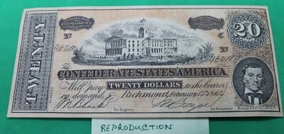 1864 Confederate States 20 Dollars - reproduction (#2) - Image 1 of 2