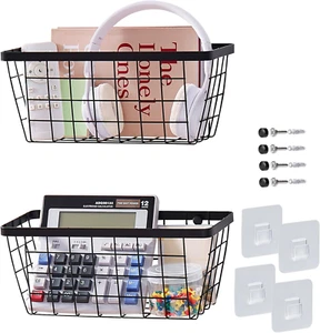 Wall Hanging Baskets - 2 Black Baskets Set Wire Basket Metal Wall Organizer Bins - Picture 1 of 12