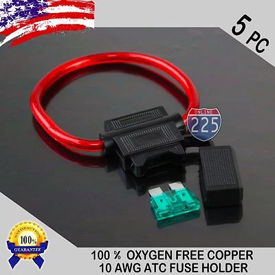 5 Pack 10GA. Gauge ATC In-Line Blade Fuse Holder 100% OFC Copper Wire + 1A - 40A - Image 1 of 4