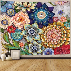 Colorful Floral Tapestry Wall Hanging, Bright Boho Fabric Blossom Tapestries, Mu - Picture 1 of 8