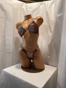 NPC Red/Black COMPETITION WELLNESS Bikini POSING SUIT New Handmade Cup 34D - Picture 1 of 4