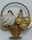 Vintage Flower Basket Brooch Pin White Ribbon Rose Faux Pearl Blooms C Clasp