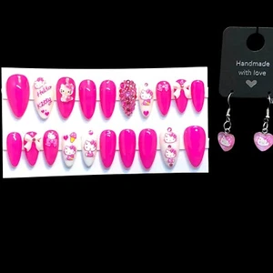 Handmade Custom Press On Nails Med Length Almond Hello Kitty Nails & Earrings - Picture 1 of 9