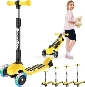 Kids Push Scooter Adjustable Height LED Flashing 3 Wheels Folding Yellow ForKids - Picture 1 of 6