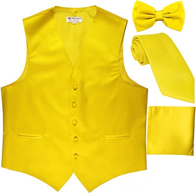 New Men's solid Tuxedo Vest Waistcoat & necktie & Bow tie & Hankie yellow prom  - Image 1 of 4