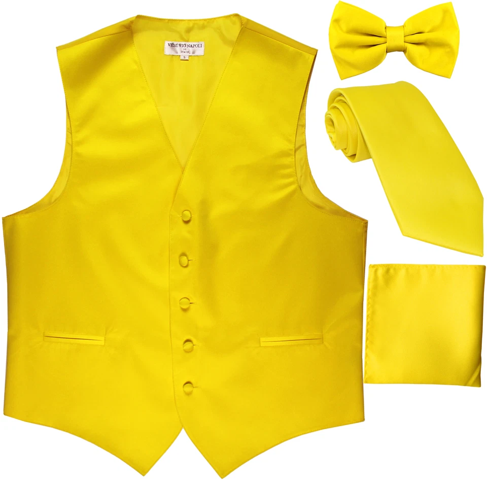 New Men's solid Tuxedo Vest Waistcoat & necktie & Bow tie & Hankie yellow prom  - Image 1 of 4