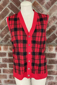 St Andrews L Strauss Plaid Vest Vintage Orlon Acrylic Womens Medium Red Green - Picture 1 of 10
