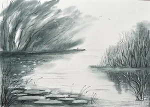 Original Watercolor 12’’x16’’ Morning Foggy Grey day reflection river Fishing - Picture 1 of 9