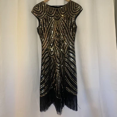 Vtg-Style Flapper 1920s Gatsby Womens XL Dress Fringe Sequins Beads Black Gold - Image 1 of 4