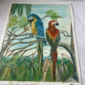 Oil Paint On Canvas Two Parrots Signed And Dated 14”x11” Ready For Framing VTG - Picture 1 of 9