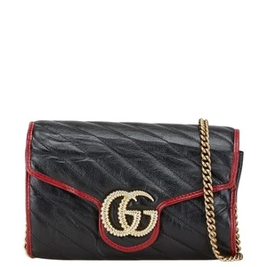 GUCCI GG Marmont Chain Shoulder Bag 573807 Black Red Leather - Picture 1 of 9