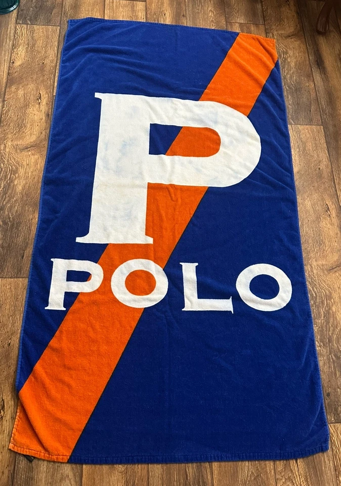 Toalha de praia Ralph Lauren Home azul e laranja POLO 34" X 58" vintage LEIA - Imagem 1 de 4