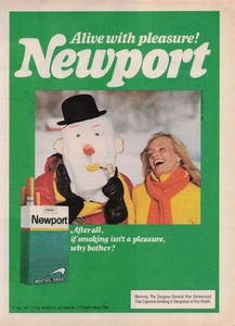 1985 Vintage Print Ad Alive with pleasure Newport Woman laughing Snowman Winter - Picture 1 of 2