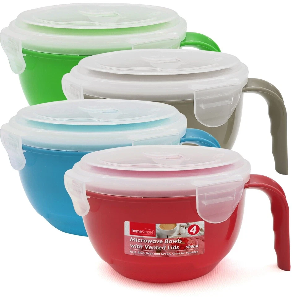 2-8pk Microwave Soup Bowl With Lid & Handle 900ml | Food Porridge Noodle Mug Cup - Image 1 of 1