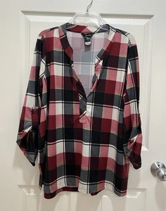 ALI MILES Womens 1X Tunic Top Pullover Plaid Roll Tab Sleeve Polyester Stretch - Picture 1 of 7
